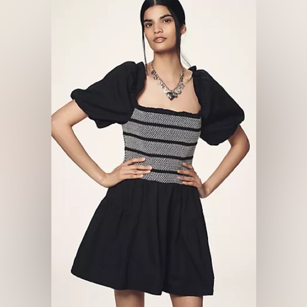 NWT Anthropologie Short Puff Sleeve Square Neck Smocked Mini Dress